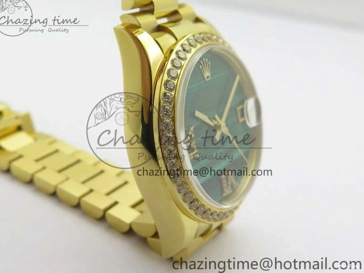 MiroTime 0408 Versatile Daydate 278288 31mm YG EWF Best Edition Green Malachite Dial Crystal Markers on YG President Bracelet ETA 2606